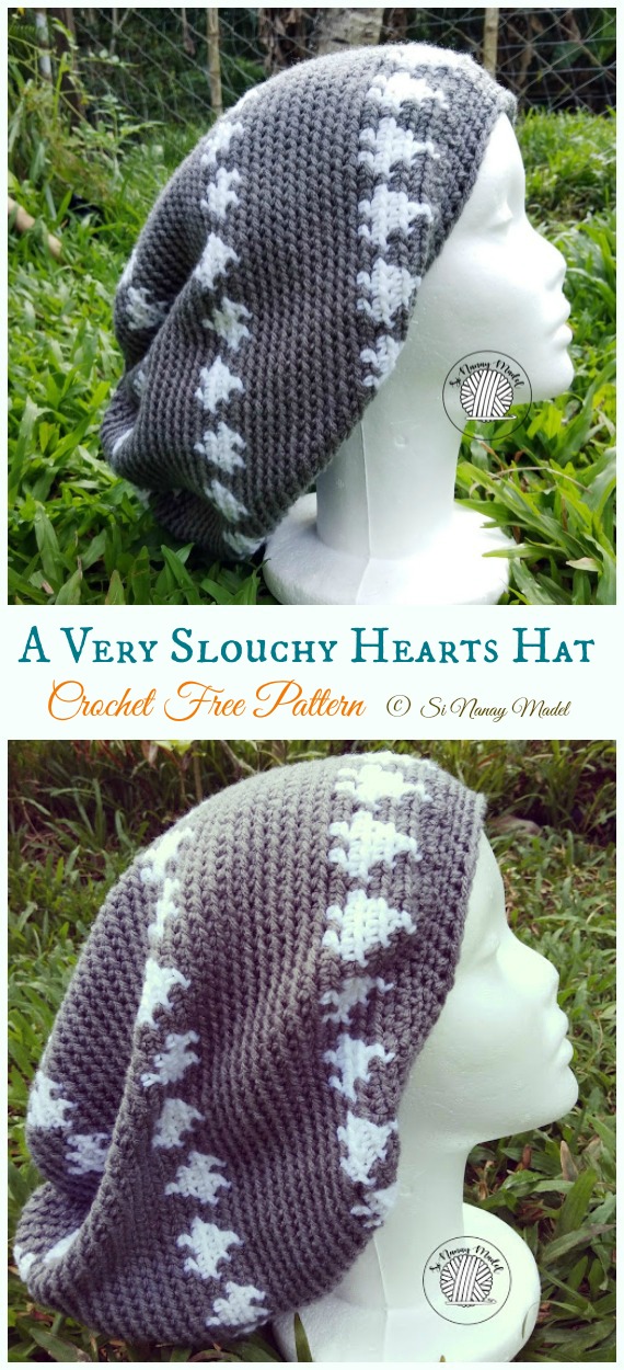 A Very Slouchy Hearts Hat Crochet Free Pattern - #Valentine; Heart Beanie #Hat; Free #Crochet; Patterns