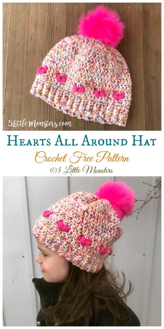 A Very Slouchy Hearts Hat Crochet Free Pattern - #Valentine; Heart Beanie #Hat; Free #Crochet; Patterns