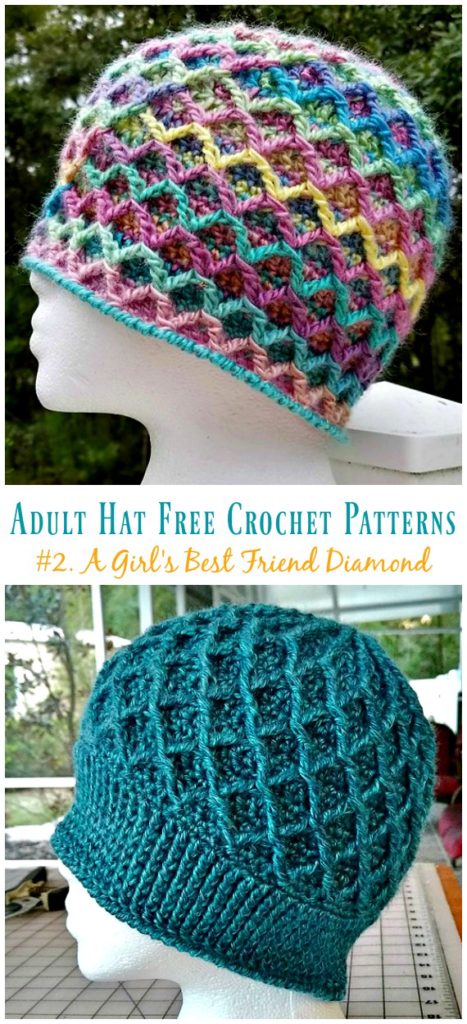 Diamond Trellis Hat Free Crochet Patterns - Adult Hat