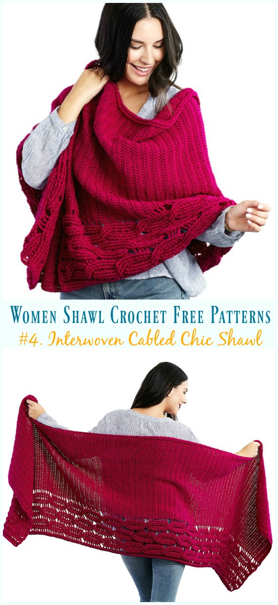 Interwoven Cabled Chic Shawl Crochet Free Pattern - Trendy Women #Shawl; Free #Crochet; Patterns