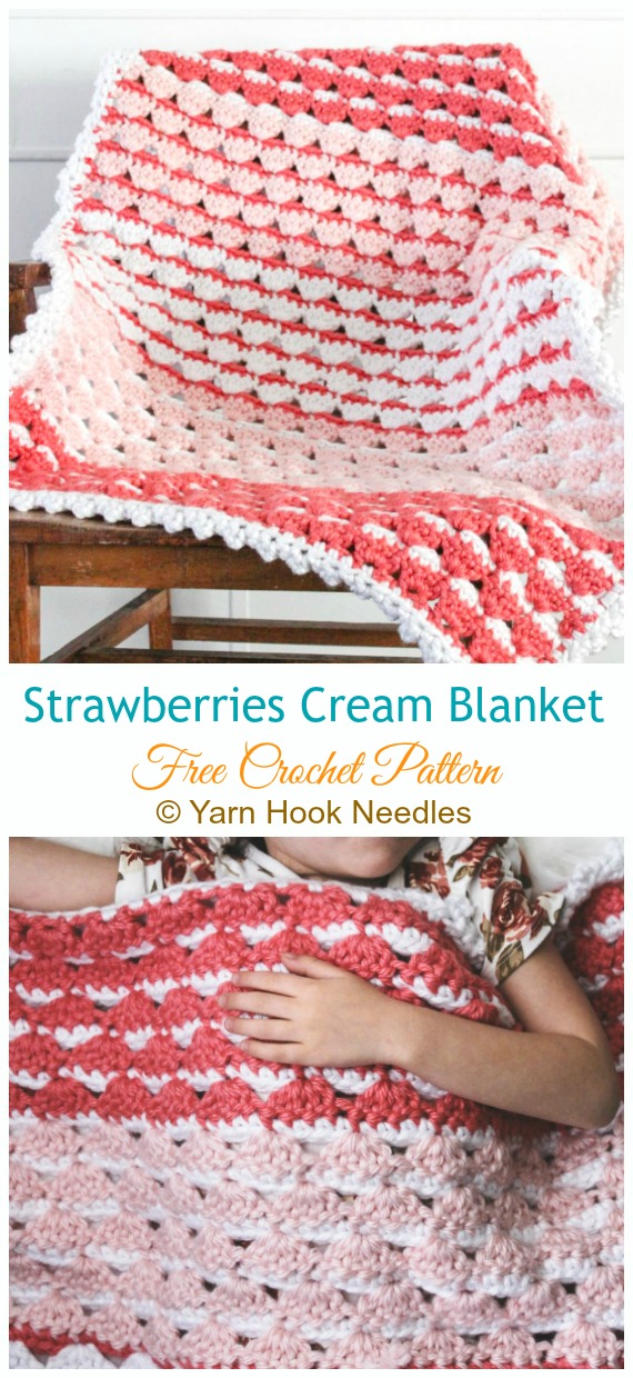 Strawberries Cream Blanket Crochet Free Pattern - Stripy #Blanket; Free #Crochet; Patterns