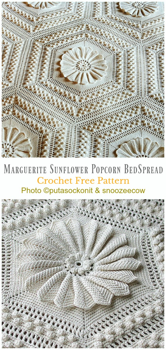 Marguerite Sunflower Popcorn BedSpread Crochet Free Pattern - #Hexagon; Blankets Free #Crochet; Patterns