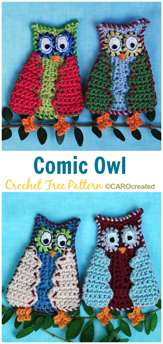 Comic Owl Applique Crochet Free Patterns - #Animal; Applique Free #Crochet; Patterns
