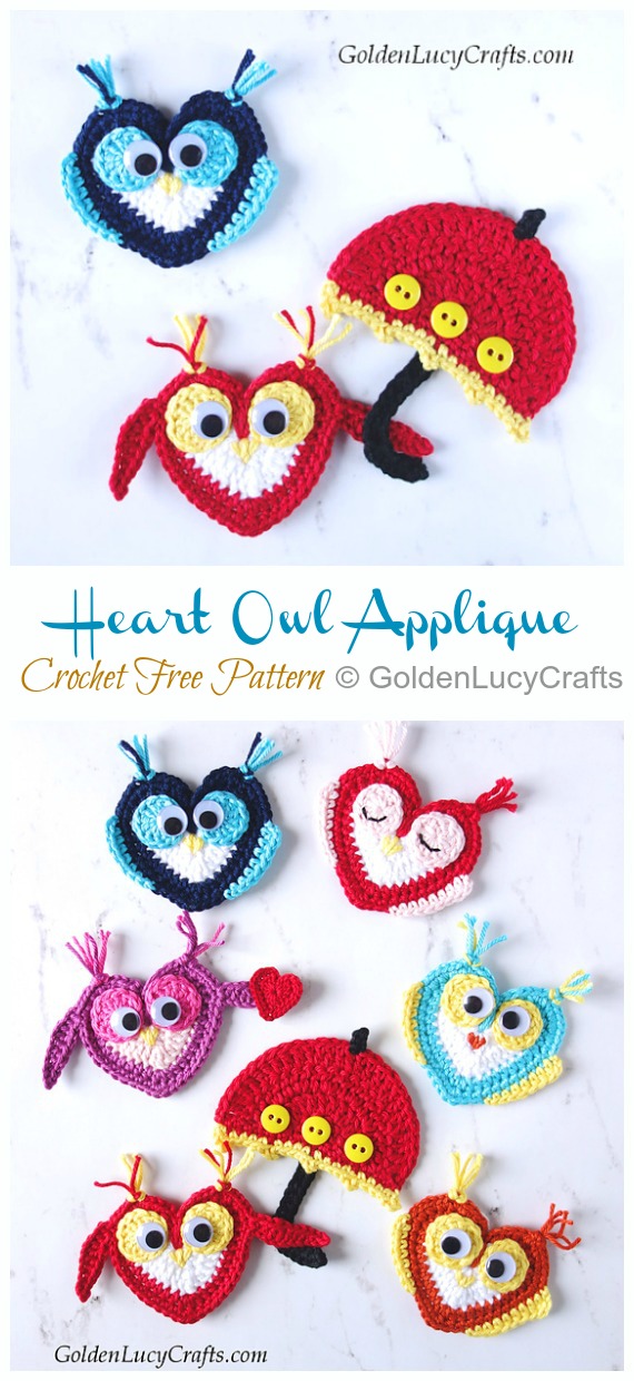 Heart Owl Applique Crochet Free Patterns - #Animal; Applique Free #Crochet; Patterns