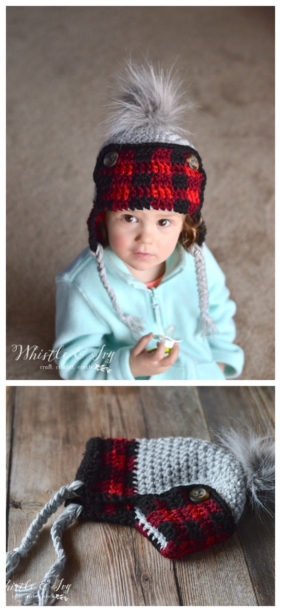 Toddler Plaid Trapper Hat Crochet Free Pattern