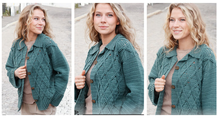 Teal Crossover Cable Cardigan Crochet Free Pattern