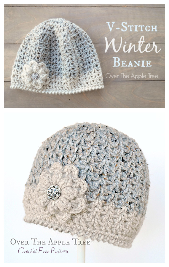 V-Stitch Winter Beanie Hat Crochet Free Pattern