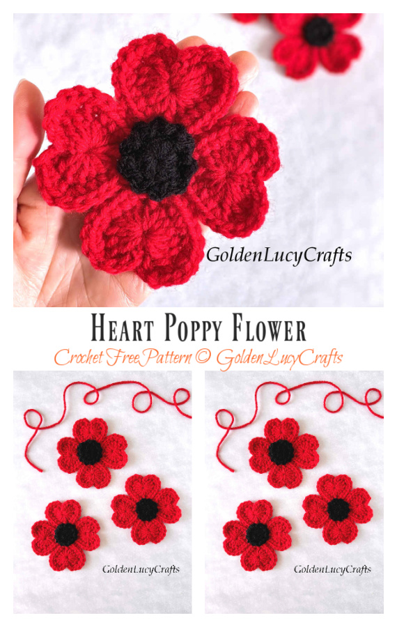 Heart Poppy Flower Crochet Free Pattern